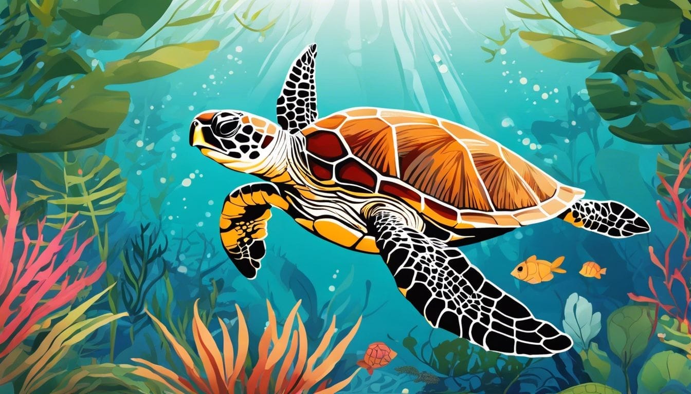 A Mata Mata turtle swimming in a vibrant underwater environment.
