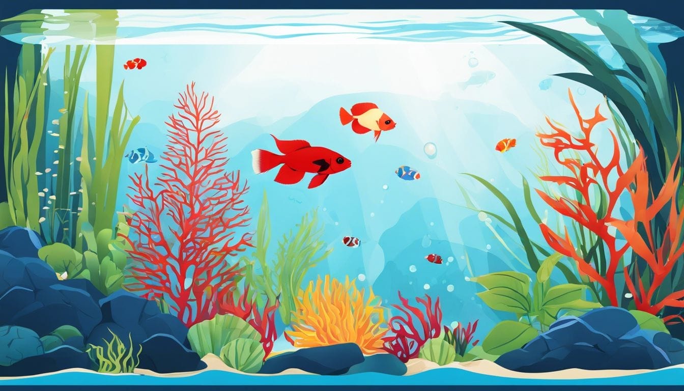 A serene underwater aquarium scene with vibrant fish and coral reefs