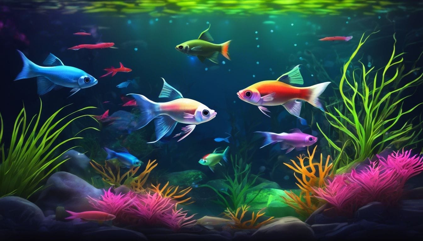 Corydoras catfish and neon tetras swim in a colorful aquarium