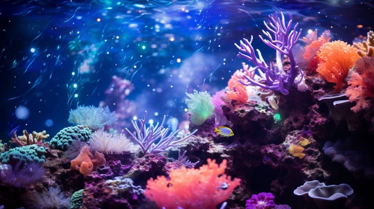 A vibrant underwater seascape featuring coral and marine life.