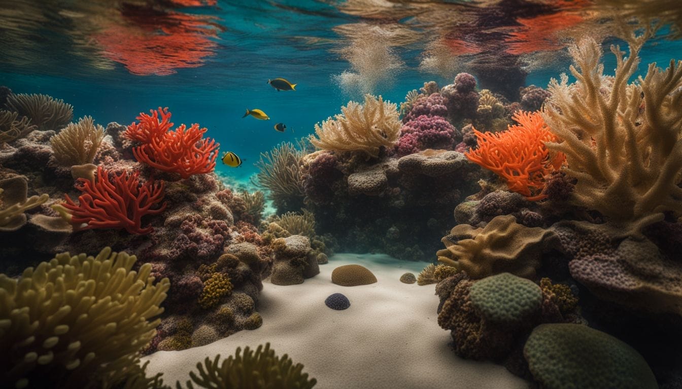 A detailed and vibrant reef tank showcasing an underwater ecosystem.