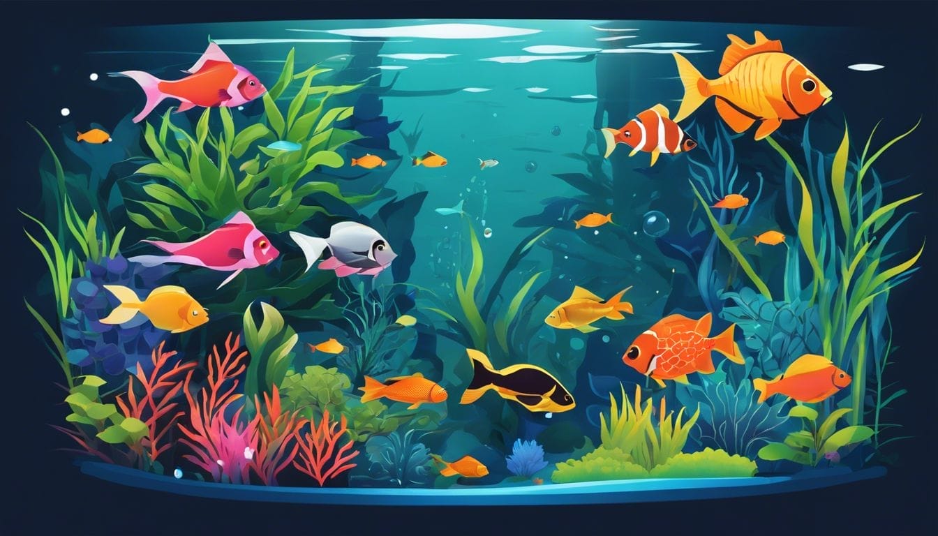 A tank filled with fish food and aquatic plants creates a serene underwater world