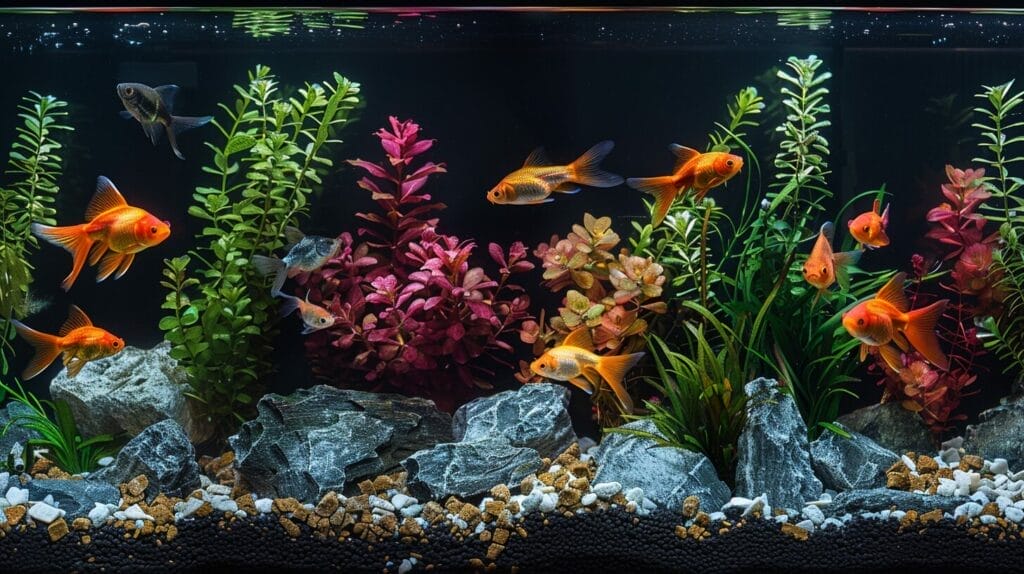 Fish tank with a fish actively choosing and eating from a variety of food options like plants, insects, and small fish.