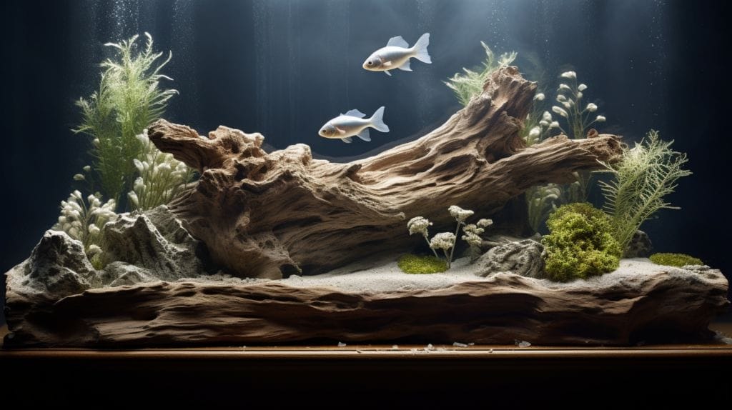 Fish tank with white mold spots on driftwood