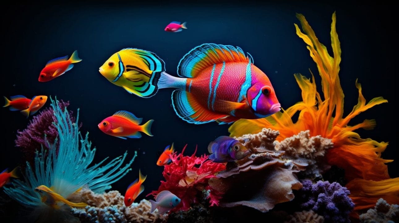 A vibrant aquarium captures a school of colorful saltwater fish.