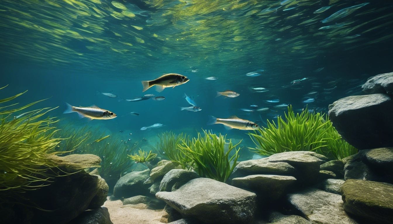A school of minnows swimming through rocks and aquatic plants.