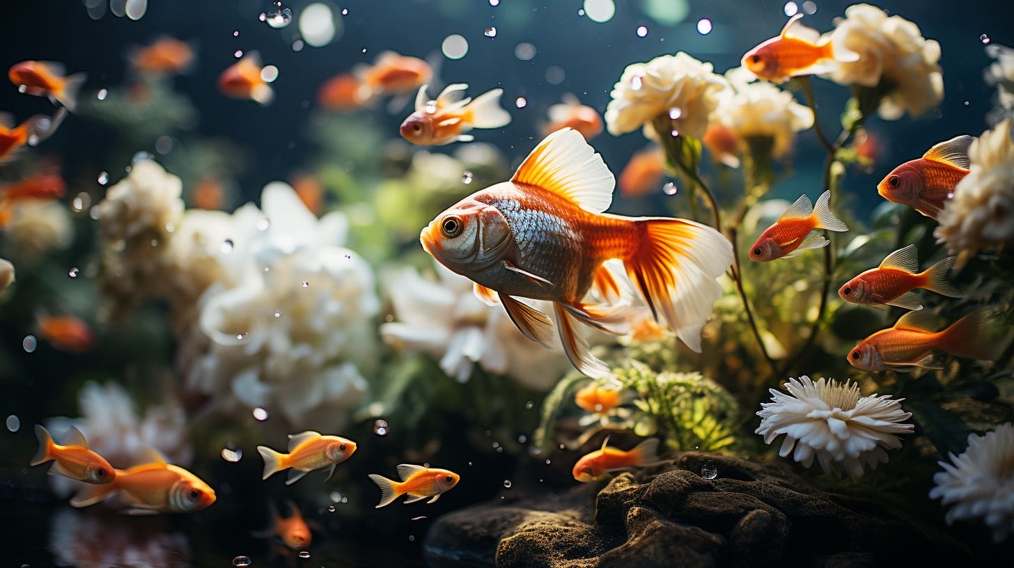 Happy fish swimming among lush aquarium plants and vibrant coral, with bubbles from air stones.