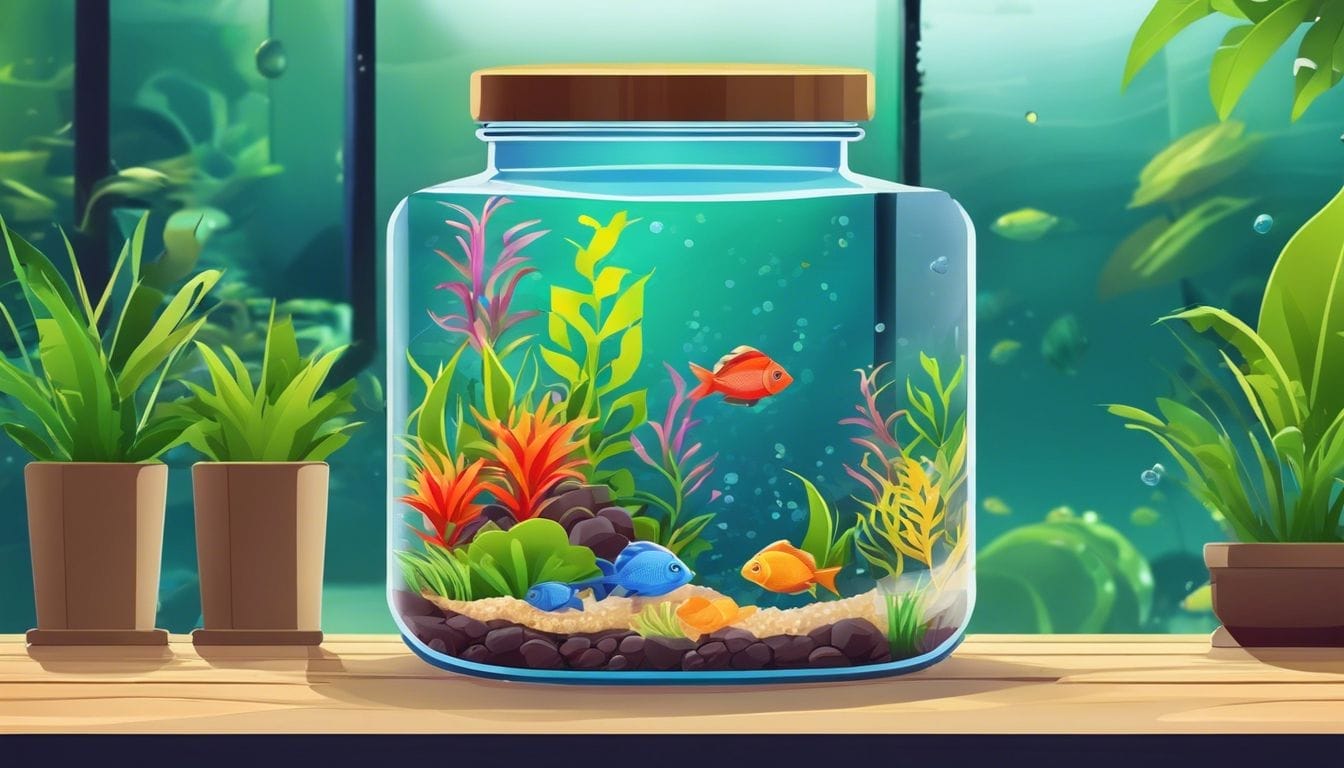 A glass jar of homemade fish flake food with vibrant aquarium plants