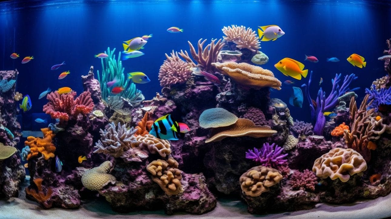 A vibrant reef aquarium showcasing diverse marine life in wide angle.