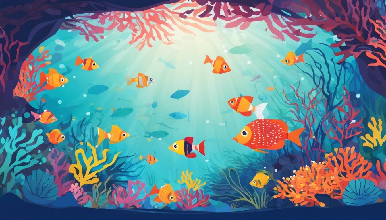 A pregnant guppy swimming amidst vibrant coral reefs and colorful fish.