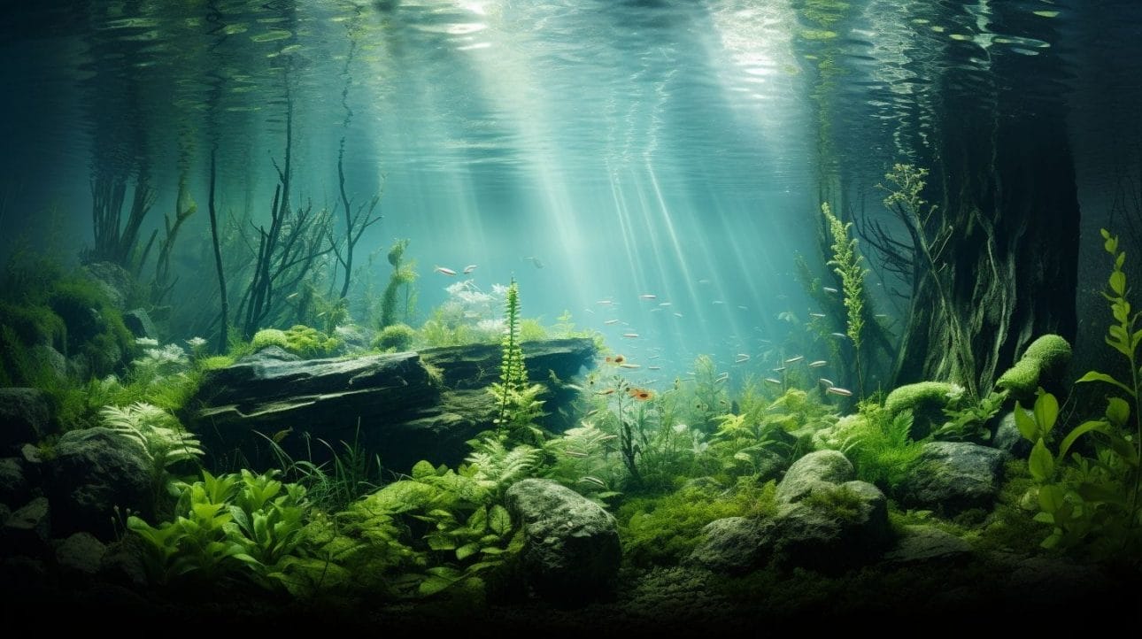 A serene underwater scene with lush aquatic plants in an aquarium