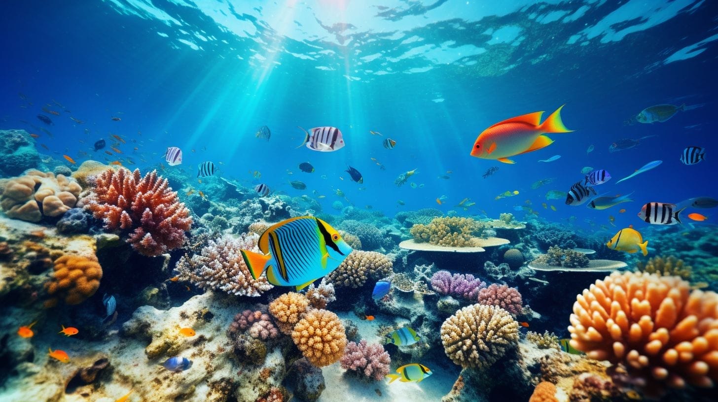 A colorful coral reef with a variety of fish swimming underwater.