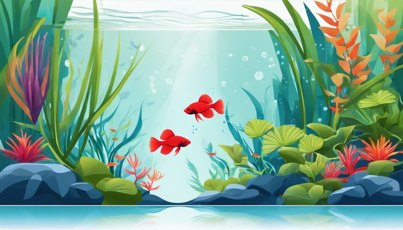 A serene underwater tank with colorful fish and vibrant plants