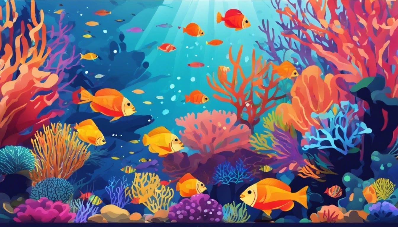 Colorful fish swim in a vibrant coral reef, with diverse marine life.