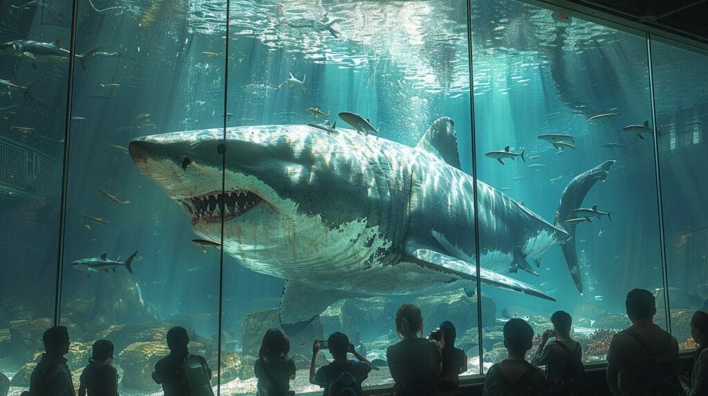 Image of a large great white shark swimming somberly in a small, desolate tank within an aquarium, with curious onlookers pressed against the glass.