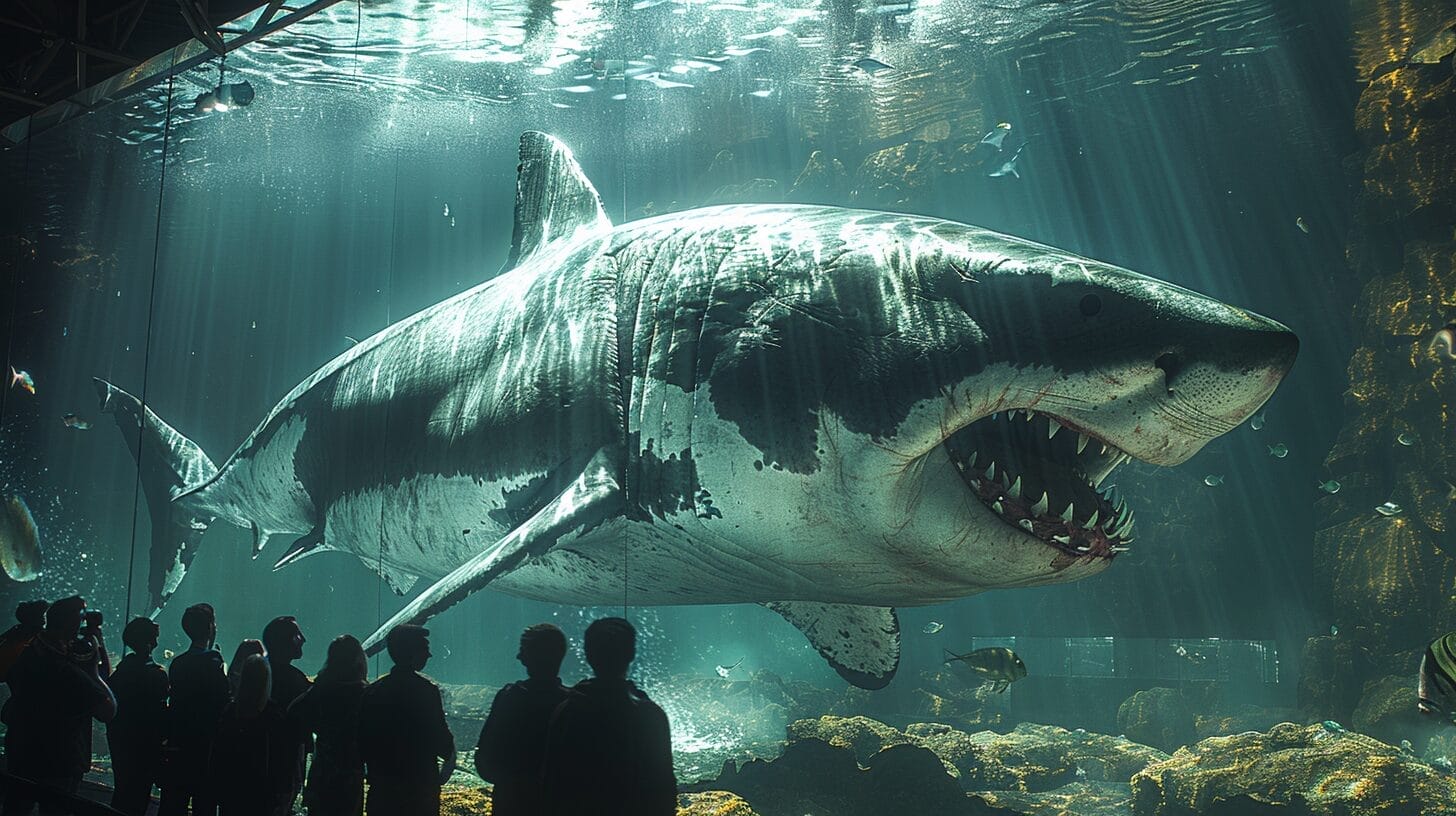Image of a large great white shark swimming threateningly in a dark, enclosed aquarium tank, with spectators pushed against the glass, encapsulating the tension of predators in captivity.