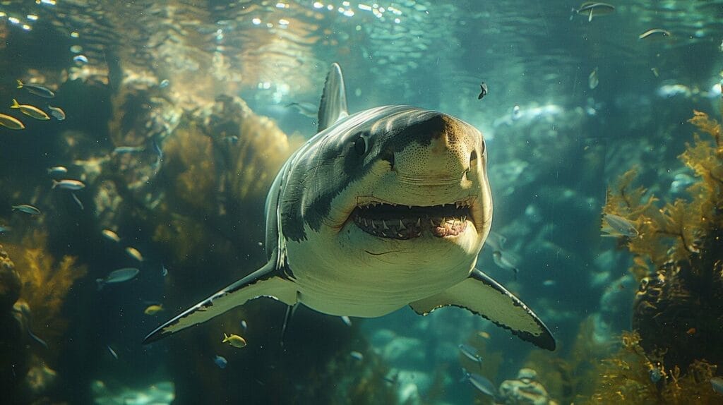 Image of a massive Great White shark swimming in a restricted space within an aquarium