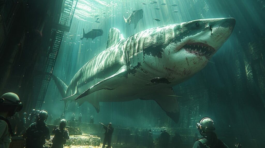 Image of a massive tank in an aquarium, featuring a sleek and powerful Great White Shark swimming gracefully through the water, accompanied by a team of scientists observing and taking notes.