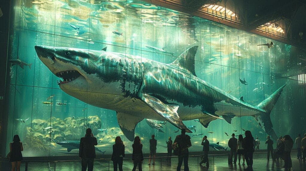 Image of a towering glass tank filled with crystal-clear water, exhibiting a large Great White Shark swimming elegantly, surrounded by entranced spectators in a dimly lit aquarium.
