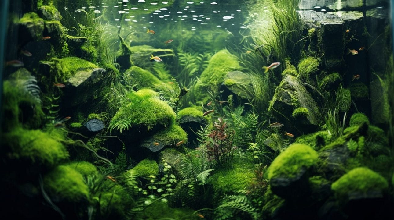 A fishless aquarium with lush aquatic plants