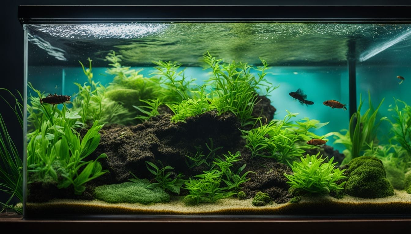 A fish tank filter filled with black worms surrounded by aquatic plants.