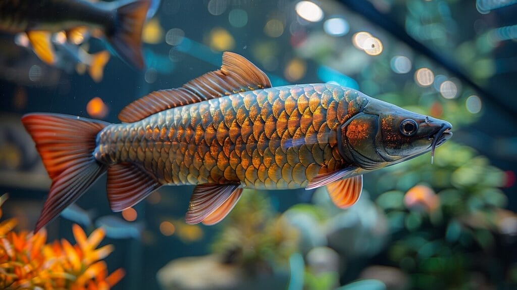 Large Arowana or Pacu with detailed scales in aquarium.