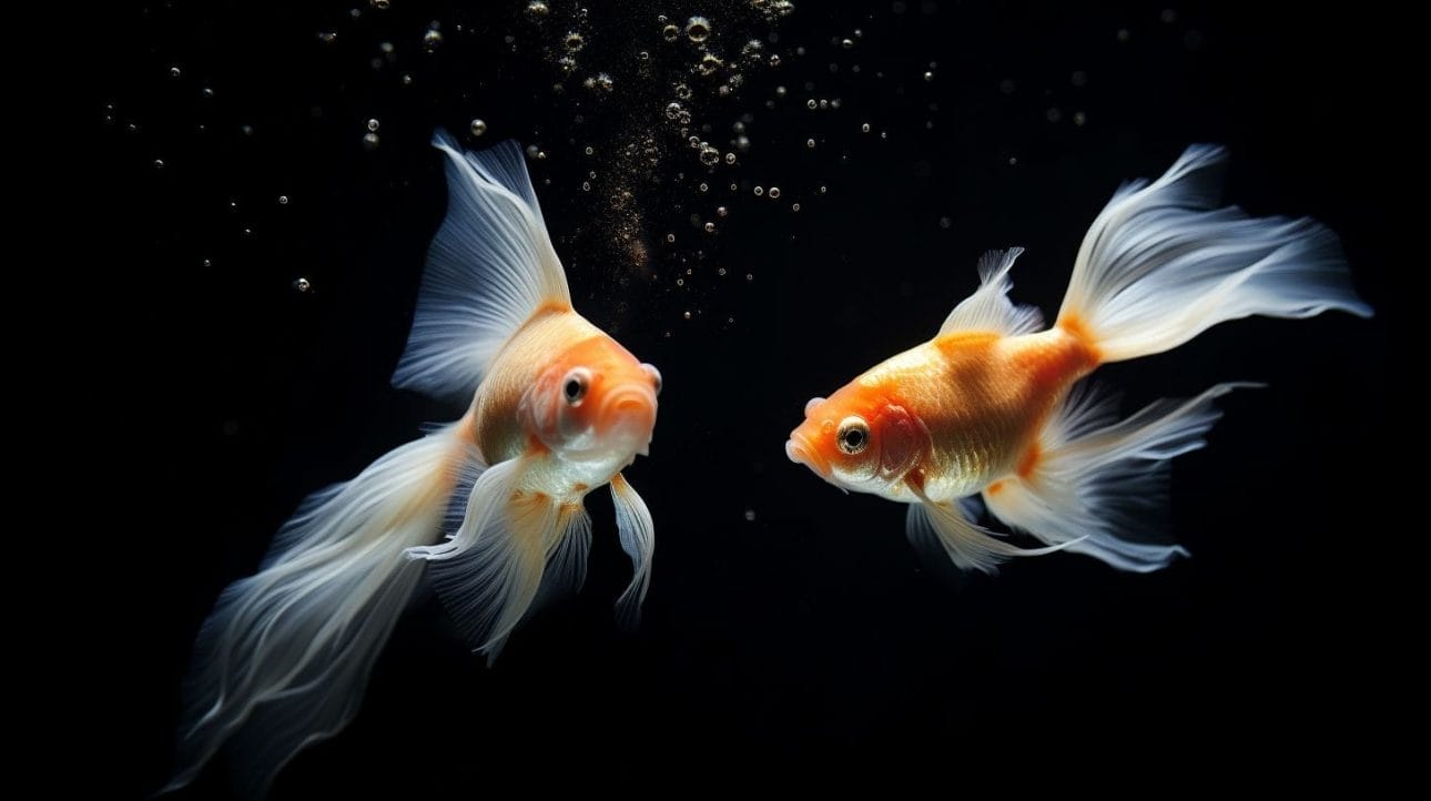 A close-up of a male and female Comet Goldfish swimming in an aquarium.