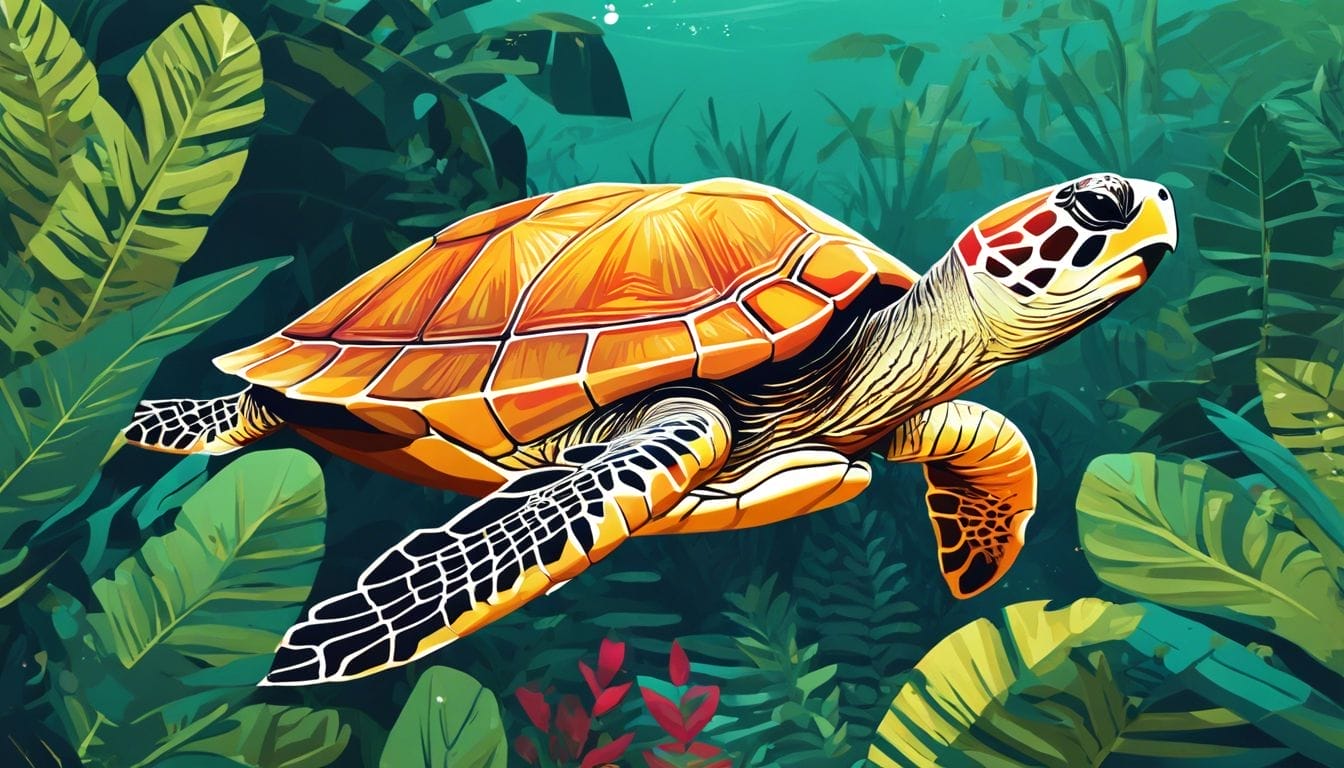 A Mata Mata turtle in natural habitat with lush vegetation.