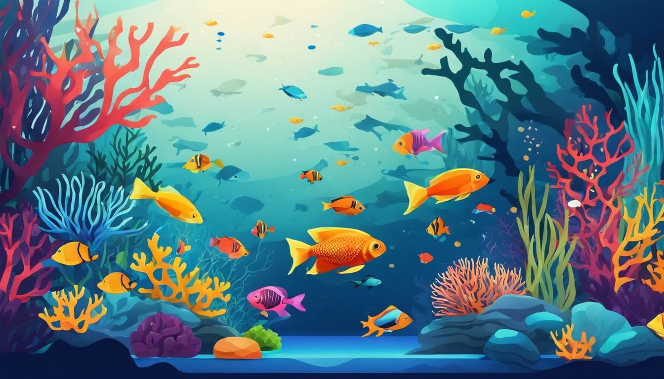 A vibrant aquarium with diverse fish and coral showcasing marine life.