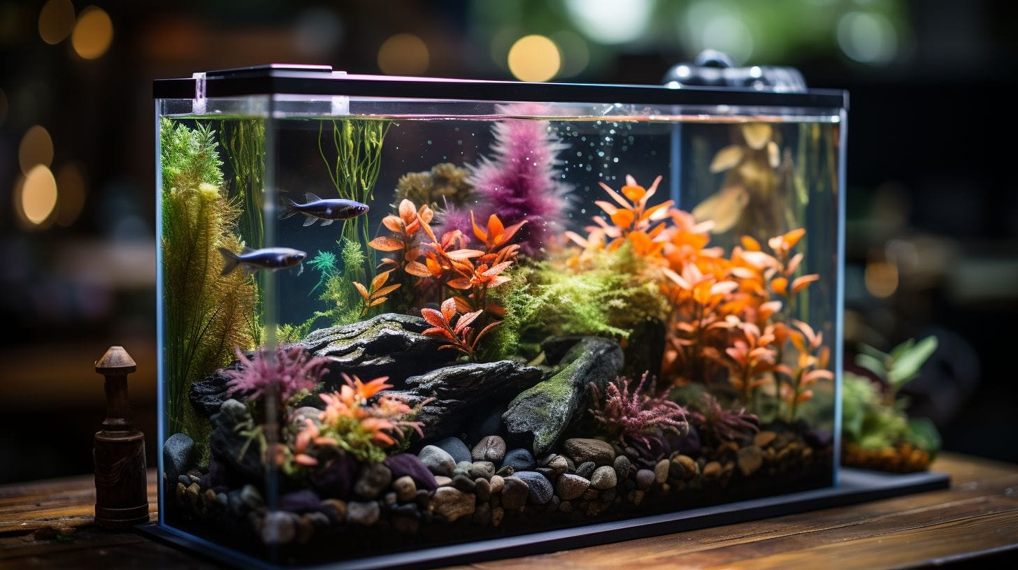 Modern aquarium gravel cleaner with clear water, colorful fish, and vibrant plants.