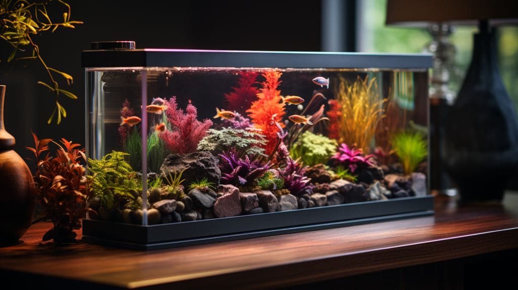 Modern heater next to vibrant aquarium with fish and plants.