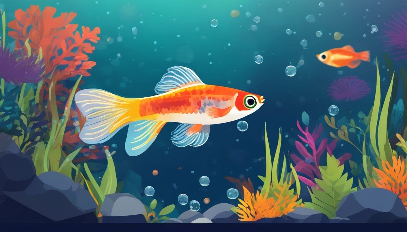 A guppy fry swimming in a vibrant, well-maintained aquarium.