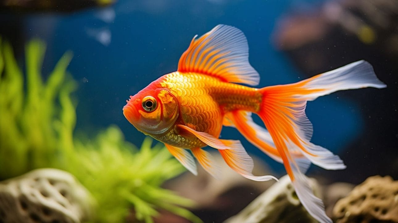 Close-up of a goldfish's pectoral fin in an aquarium.