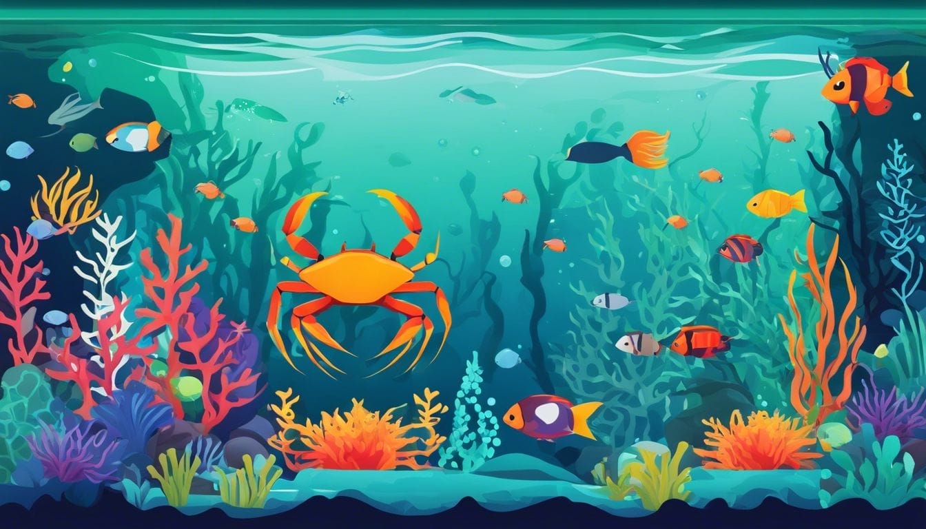 A vibrant aquarium showcasing Emerald Crabs and marine tank mates.
