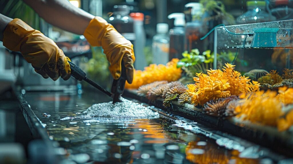 Person cleaning a moldy fish tank