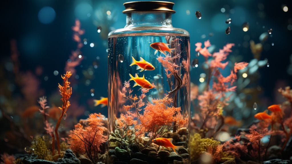 Pristine aquarium, vibrant fish, clear water, conditioner bottle with natural extracts
