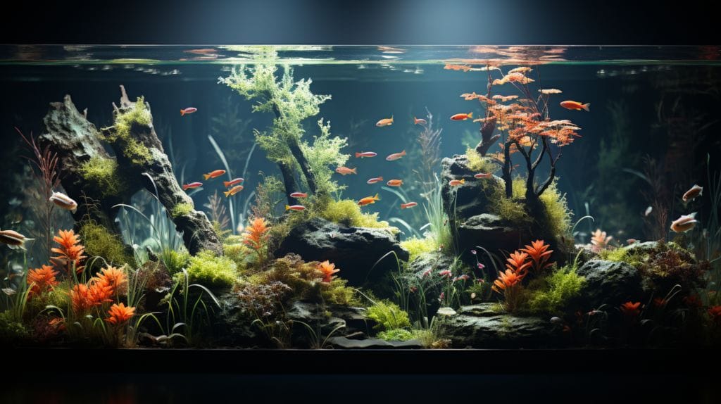 Pristine aquarium, vibrant fish, lush plants, sleek water conditioner