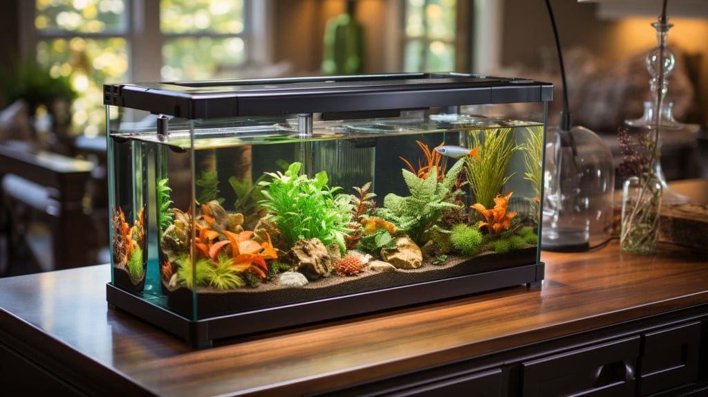 Pristine aquarium with heater, thermometer, plants, fish, and maintenance tools.
