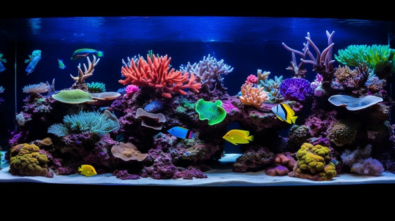 A diverse coral reef in a saltwater tank with LED lighting.