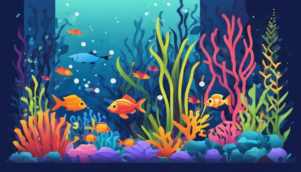 An aquarium with diverse fish species swimming in vibrant coral reefs.