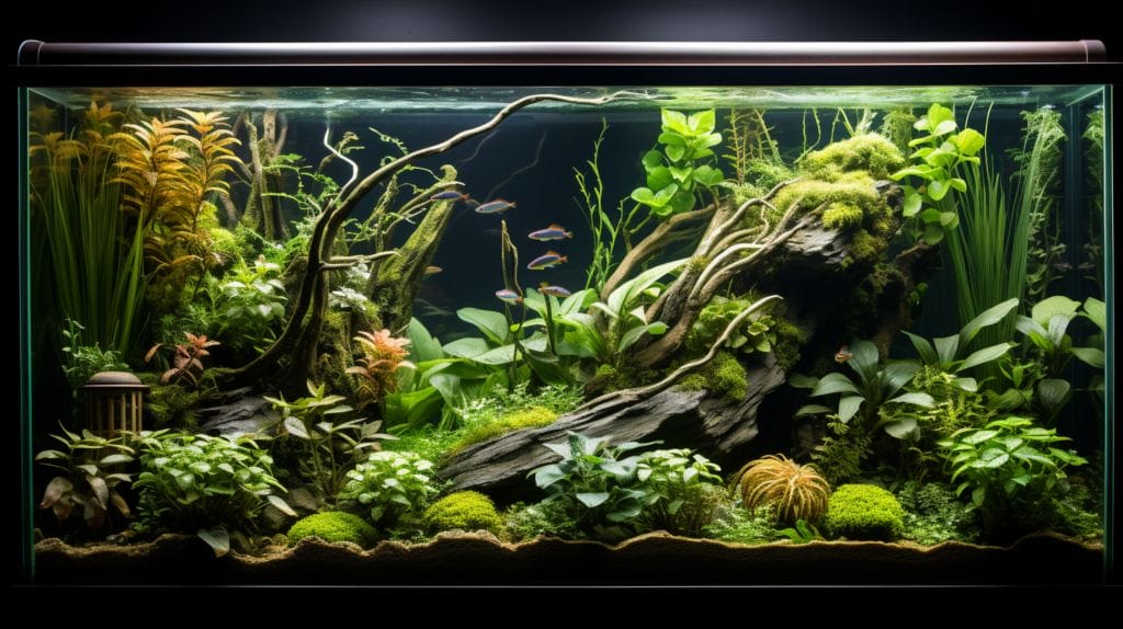 Serene planted aquarium with layered substrates and lush plants.