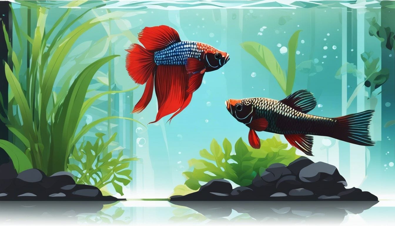 A betta and a pleco in a lushly planted aquarium