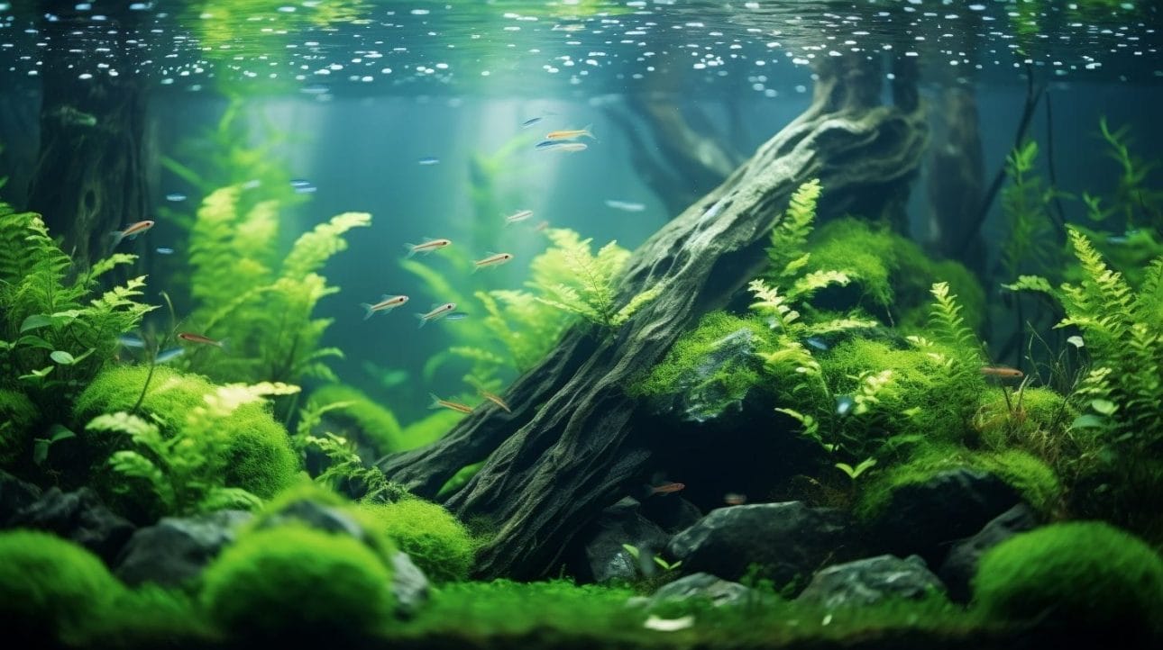 A lush, well-decorated aquarium with aquatic plants, captured in high detail.