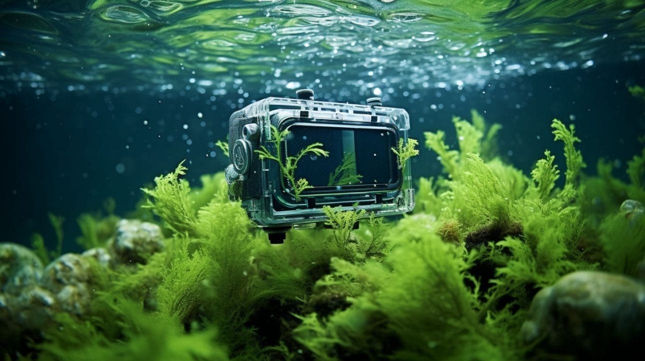 A vibrant underwater tank filled with lush green algae