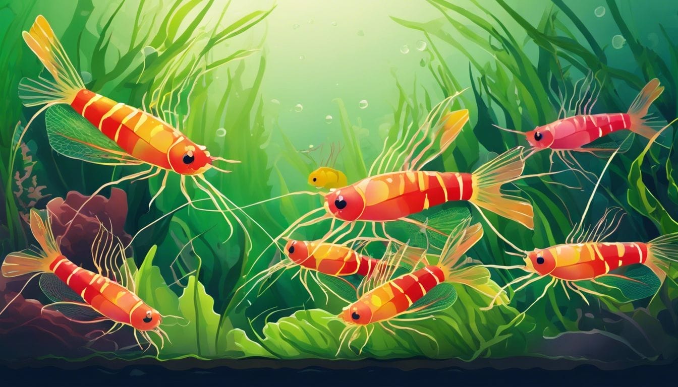 A group of colorful Cherry Shrimp exploring a lush planted aquarium.
