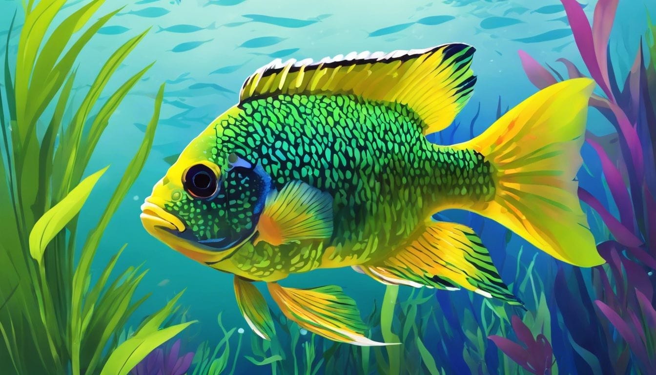 A colorful Green Terror Cichlid swimming gracefully among vibrant aquatic plants.