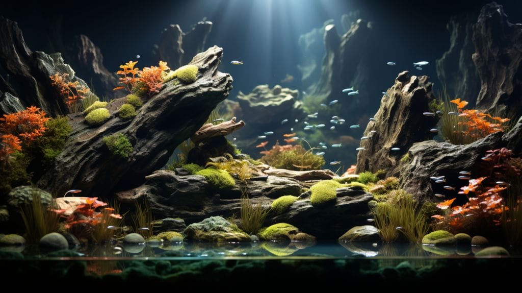 Spacious aquarium with a full-grown dinosaur bichir swimming near sandy bottom under diffuse light