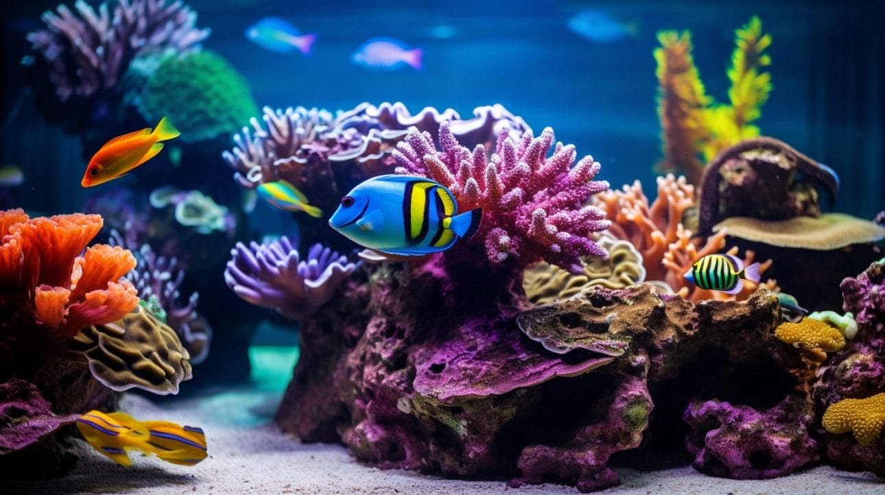 Vibrant, thriving reef aquarium with colorful corals and tropical fish.