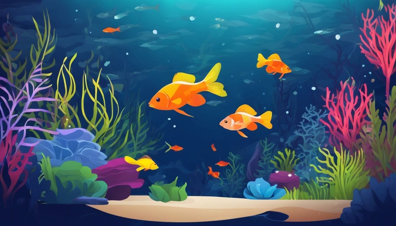 A serene aquarium with colorful coral and graceful fish swimming.