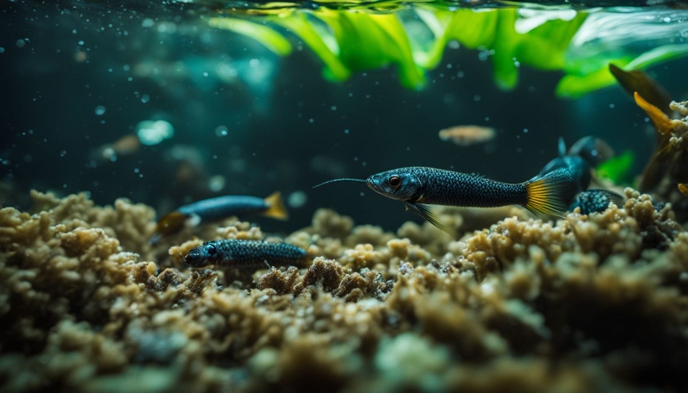 An aquarium infested with black worms causing distress to the fish.